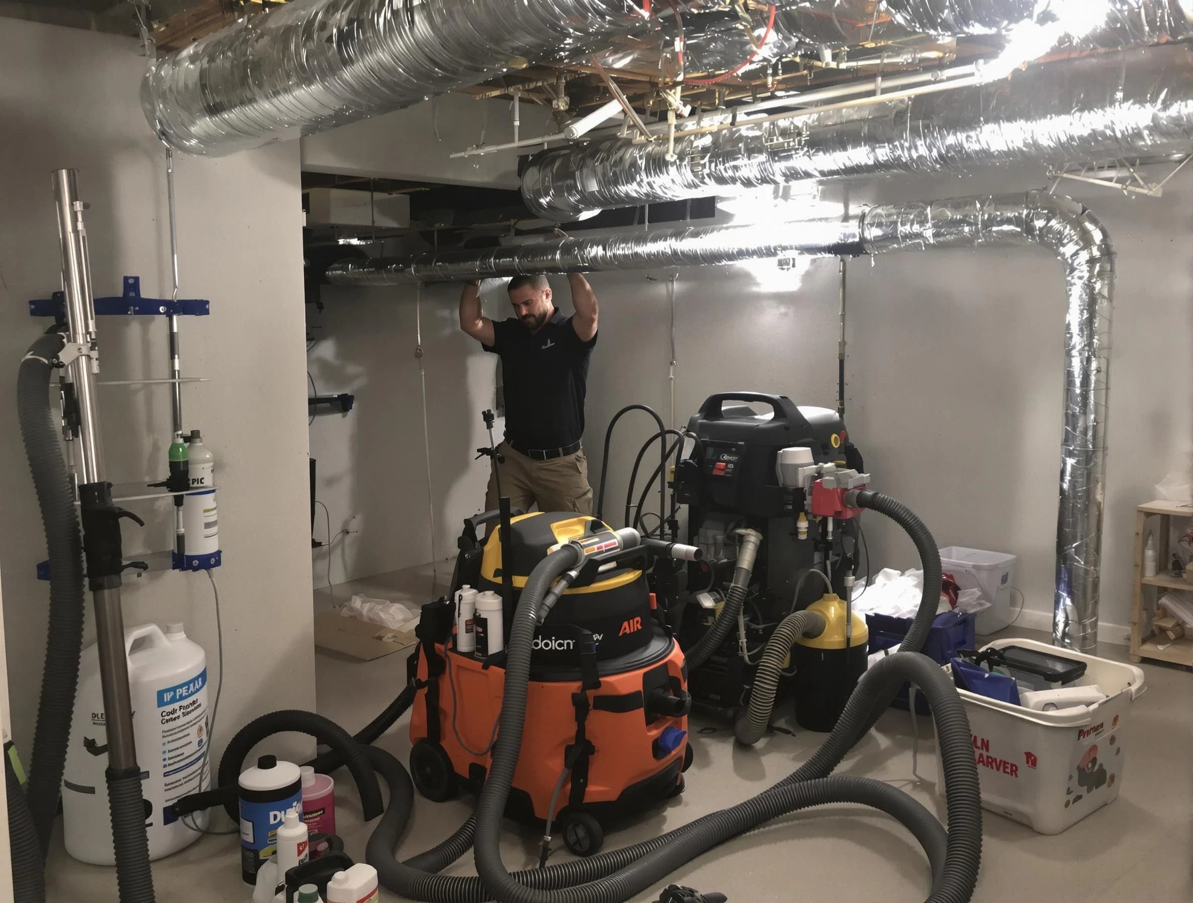 Costa Mesa Air Duct Cleaning specialist performing professional mold removal from air ducts using safety equipment in Costa Mesa