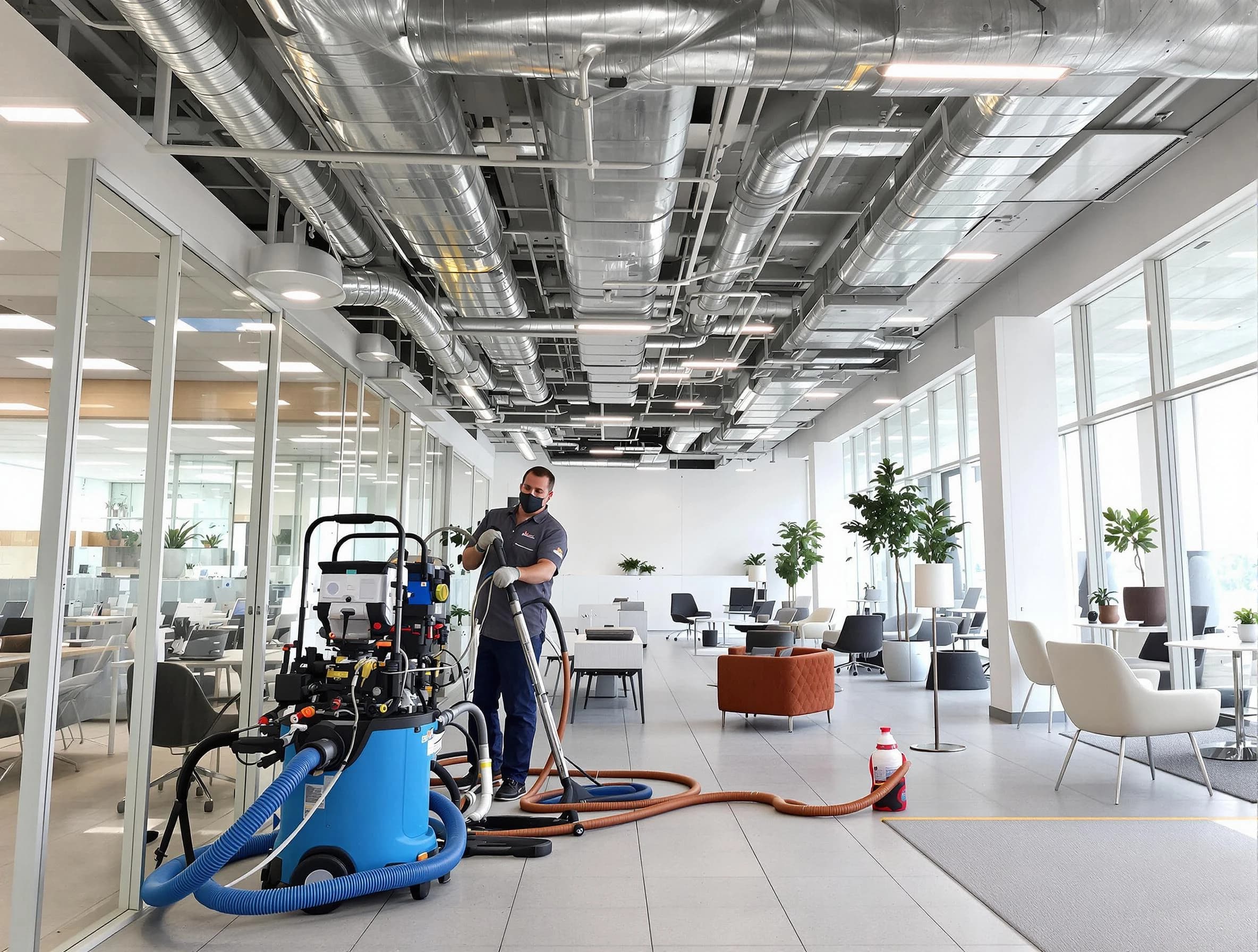 Costa Mesa Air Duct Cleaning team conducting comprehensive commercial duct cleaning at a business location in Costa Mesa