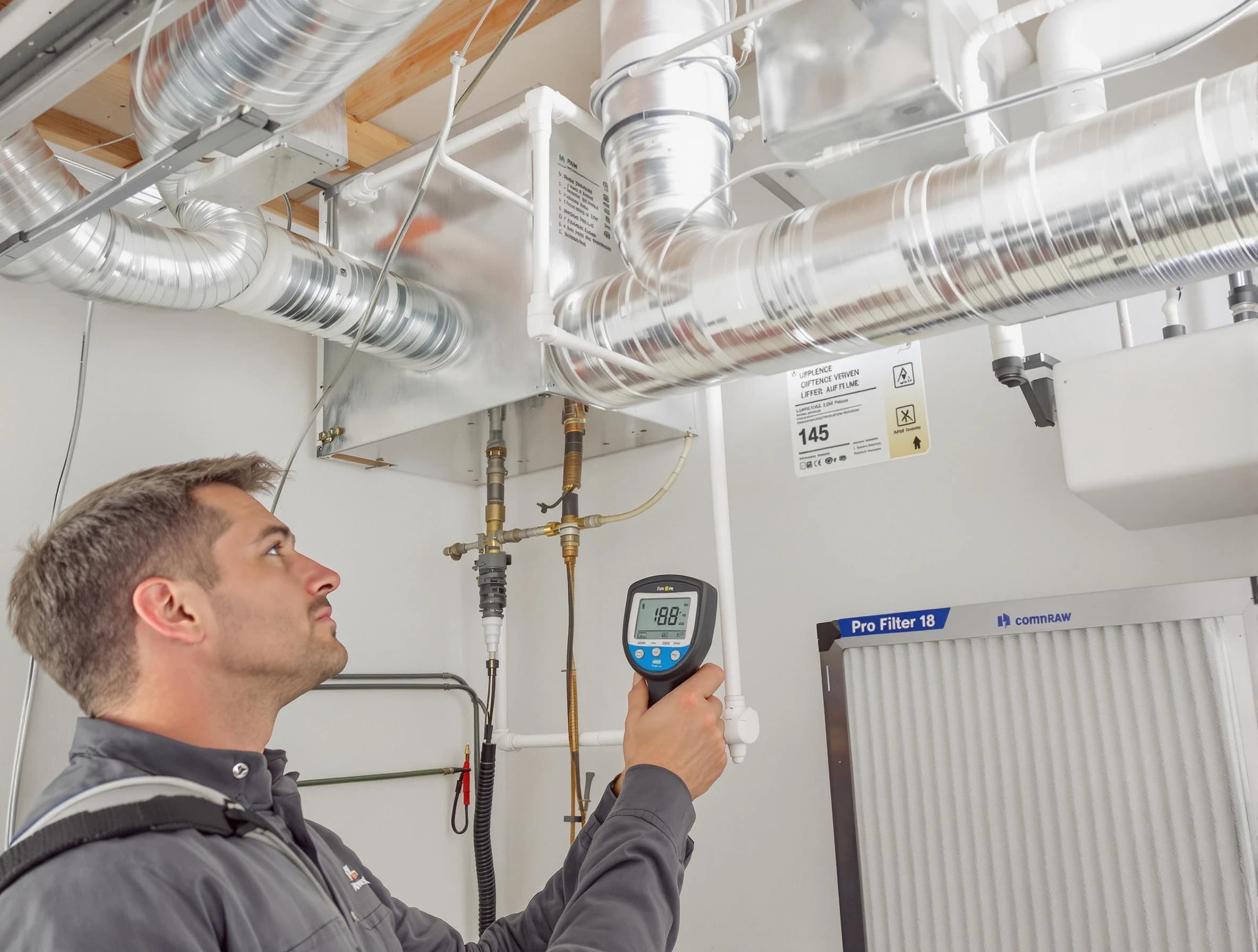 Costa Mesa Air Duct Cleaning expert conducting detailed filter system inspection using diagnostic tools in Costa Mesa