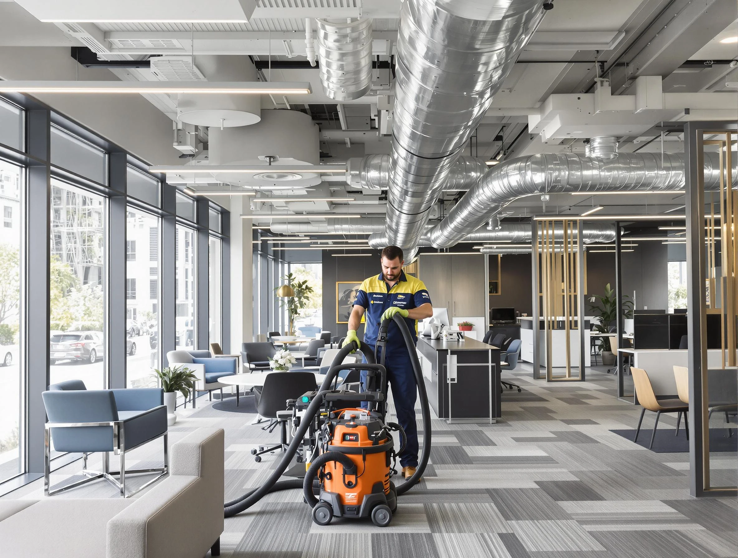 Costa Mesa Air Duct Cleaning team performing thorough commercial duct cleaning at a Costa Mesa business center